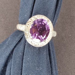 925 Sterling Silver Amethyst with Diamond Chips Ring